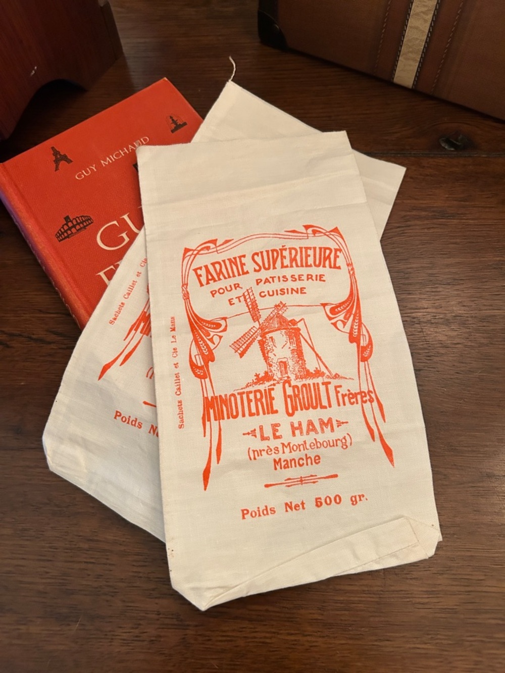 Vintage French Flour Sacks with Red Print